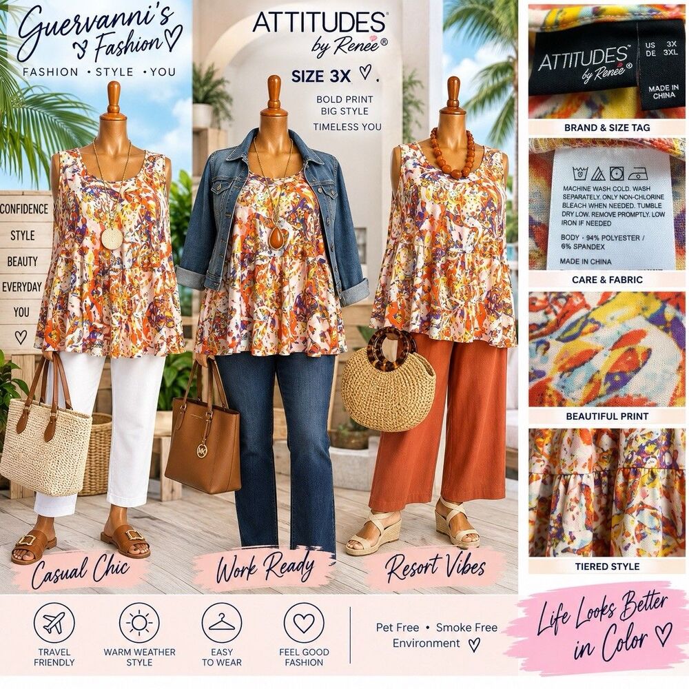 Attitudes by Renee Women's 3X Multicolo Abstract Floral Sleeveless Tiered Blouse